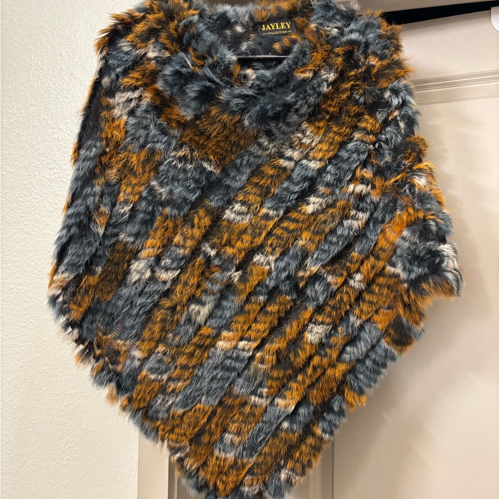 Jayley genuine Fur Poncho in Gray and Orange S